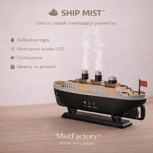 SHIP MIST™ – Designerski dyfuzor zapachowy w kształcie statku | Nawilżacz powietrza LED + olejki eteryczne 4/6 szt.