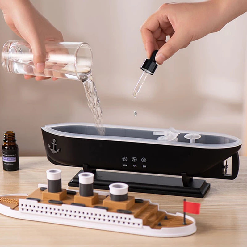 SHIP MIST™ – Designerski dyfuzor zapachowy w kształcie statku | Nawilżacz powietrza LED + olejki eteryczne 4/6 szt.