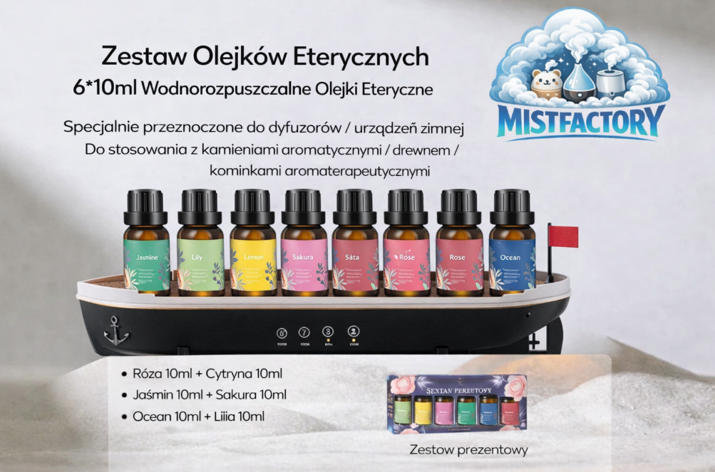 SHIP MIST™ – Designerski dyfuzor zapachowy w kształcie statku | Nawilżacz powietrza LED + olejki eteryczne 4/6 szt.